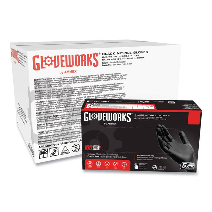 Industrial Nitrile Gloves, Powder-Free, Medium, 5 mil Thick, 9.5" Long, Black, 100/Box, 10 Boxes/Carton