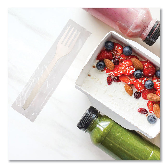 EcoSense Renewable Plant Starch Cutlery, Individually Wrapped, Mediumweight Fork, Plastic, Natural, 750/Carton