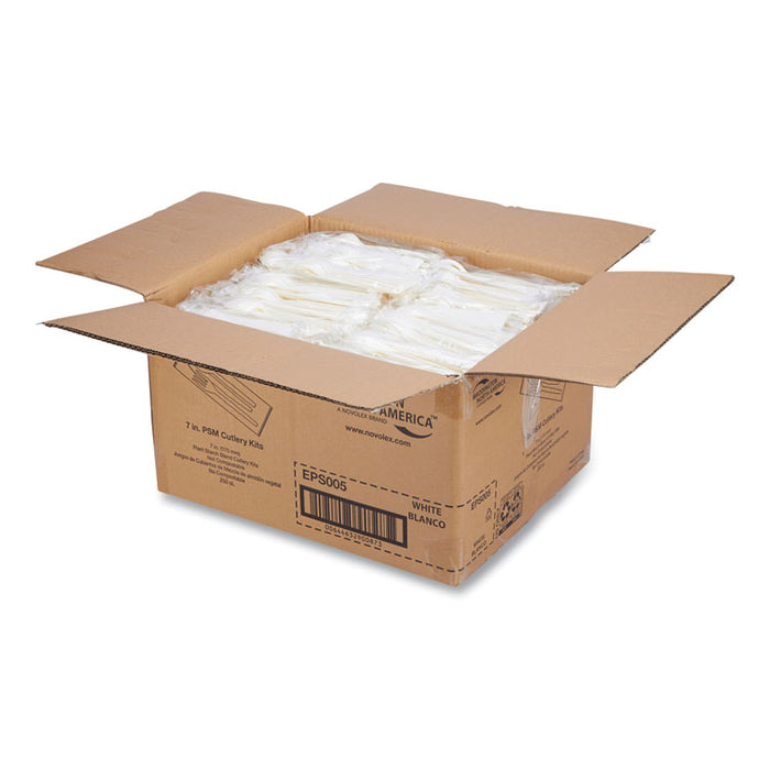 EcoSense Renewable PSM Wrapped Cutlery Kit, Fork/Knife/Napkin/Spoon, Plastic, White, 250/Carton