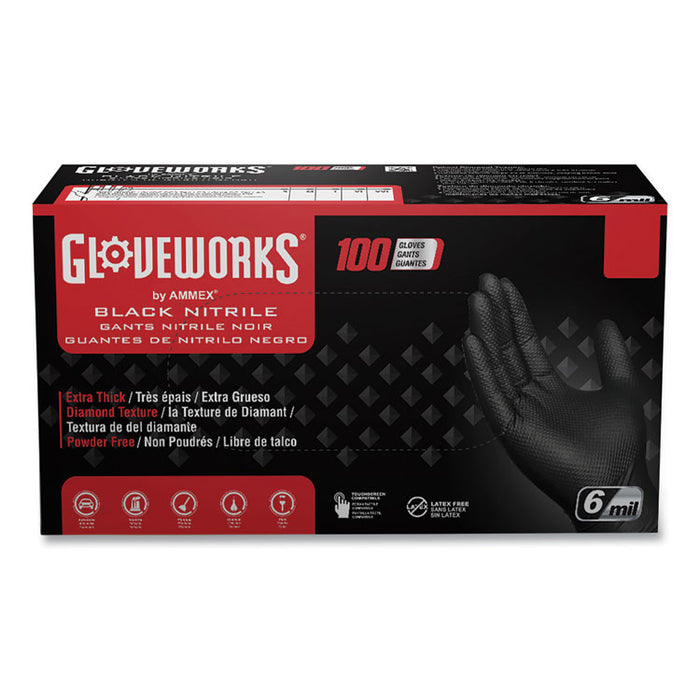 Heavy-Duty Industrial Nitrile Gloves, Powder-Free, Large, 6 mil Thick, 9.5" Long, Black, 100/Box, 10 Boxes/Carton