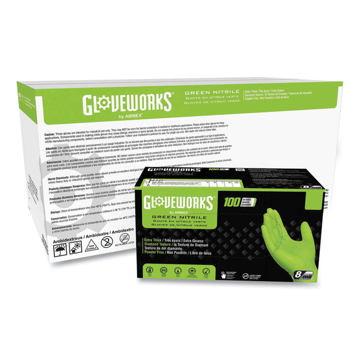 Heavy-Duty Industrial Nitrile Gloves, Powder-Free, Large, 8 mil Thick, 9.5" Long, Green, 100/Box, 10 Boxes/Carton
