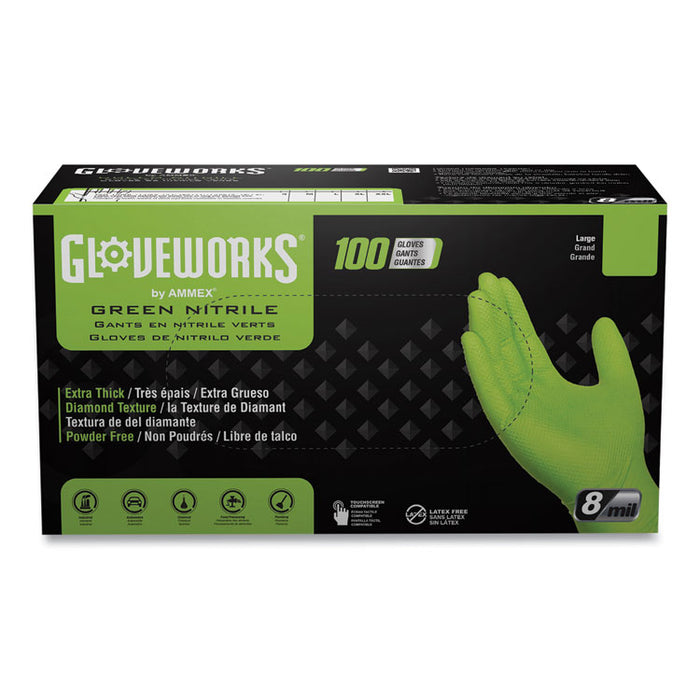 Heavy-Duty Industrial Nitrile Gloves, Powder-Free, X-Large, 8 mil Thick, 9.5" Long, Green, 100/Box, 10 Boxes/Carton