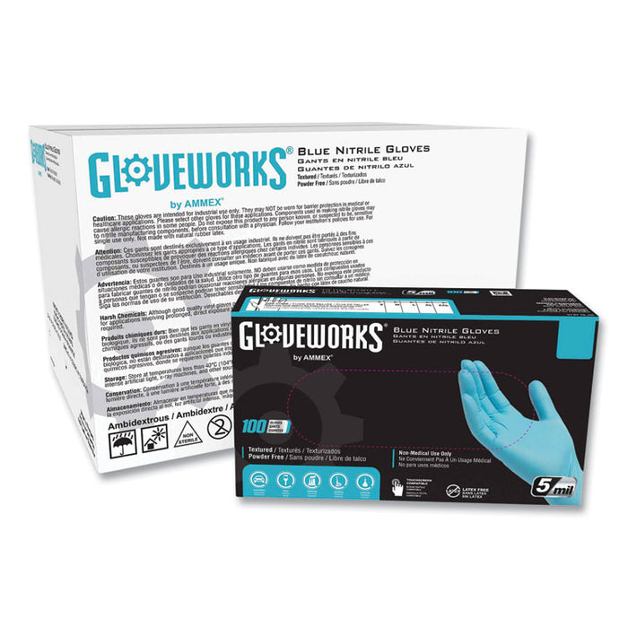 Industrial Nitrile Gloves, Powder-Free, Small, 5 mil (Palm), 6 mil (Fingers), 9.5" Long, Blue, 100/Box, 10 Boxes/Carton