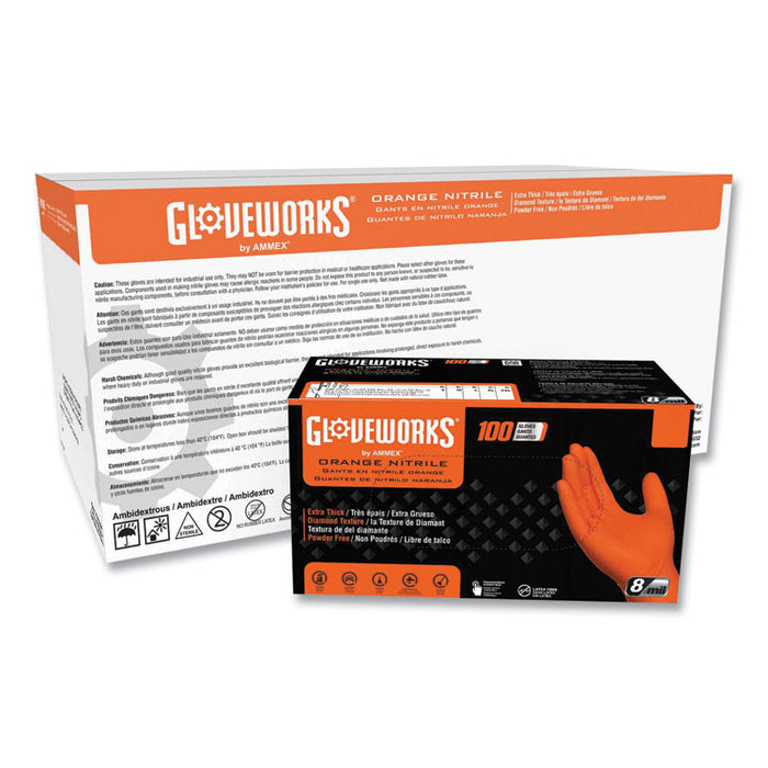 Heavy-Duty Industrial Nitrile Gloves, Powder-Free, Small, 8 mil Thick, 9.5" Long, Orange, 100/Box, 10 Boxes/Carton