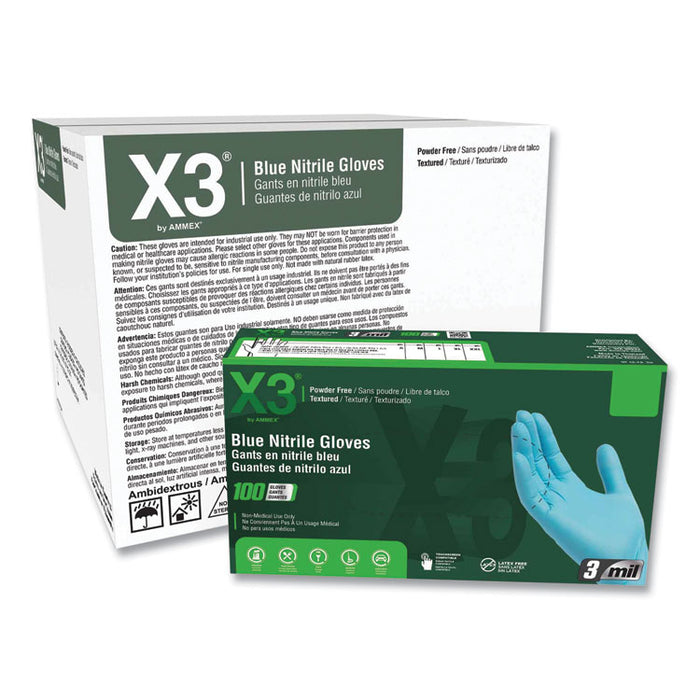 Industrial Nitrile Gloves, Powder-Free, X-Large, 3 mil Thick, 9.5" Long, Blue, 100/Box, 10 Boxes/Carton