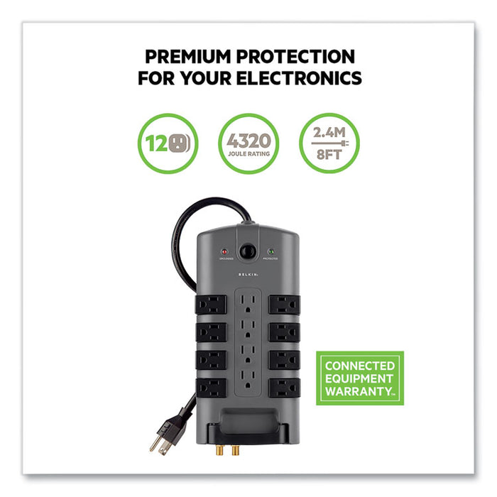 Pivot Plug Surge Protector, 12 AC Outlets, 8 ft Cord, 4,320 J, Gray
