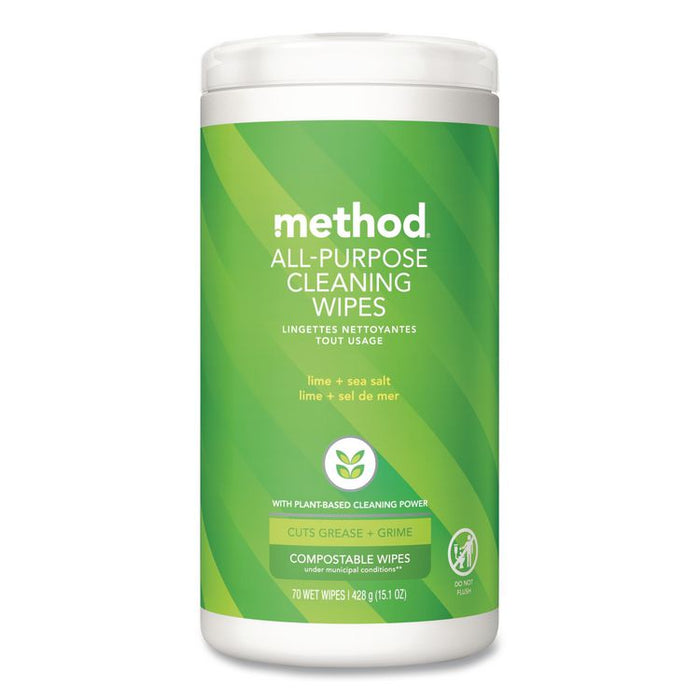 All Purpose Cleaning Wipes, 1 Ply, Lime and Sea Salt, White, 70/Canister, 6/Carton