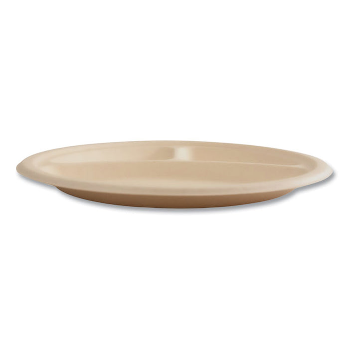 Bagasse PFAS-Free Dinnerware, 3-Compartment Plate, Sugarcane, 10" dia, Tan, 500/Carton