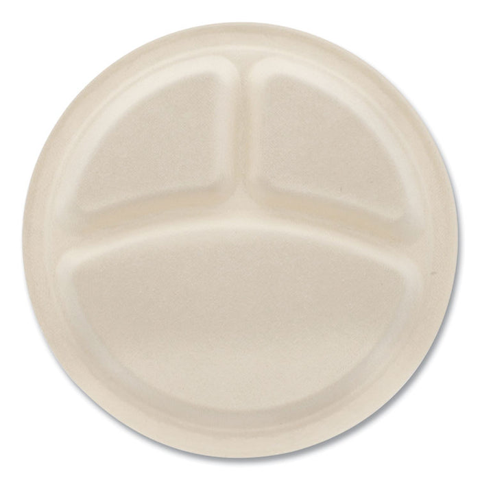Bagasse PFAS-Free Dinnerware, 3-Compartment Plate, Sugarcane, 10" dia, Tan, 500/Carton
