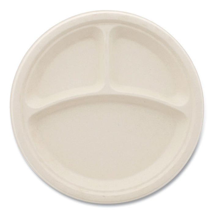 Bagasse PFAS-Free Dinnerware, 3-Compartment Plate, Sugarcane, 10" dia, Tan, 500/Carton