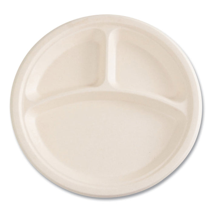 Bagasse PFAS-Free Dinnerware, 3-Compartment Plate, Sugarcane, 10" dia, Tan, 500/Carton