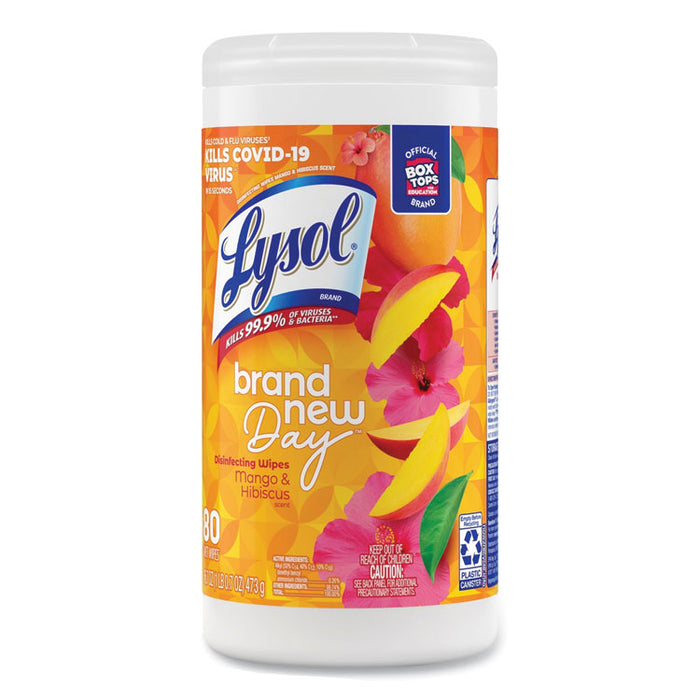 Disinfecting Wipes, 1-Ply, 7 x 7.25, Mango and Hibiscus, White, 80 Wipes/Canister, 6 Canisters/Carton