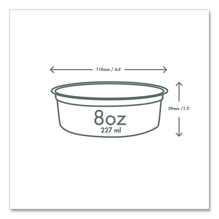 Round Deli Pots, Compostable, 8 oz, 4.6" Diameter x 1.5" h, Clear, Plastic, 500/Carton