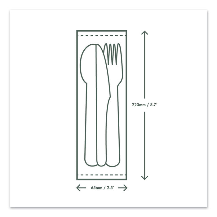 Cutlery Kits, Compostable, General Purpose, Fork/Knife/Napkin/Spoon, Plastic, White, 250/Carton