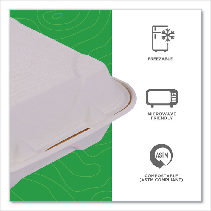 Vanguard Renewable and Compostable Sugarcane Clamshells, 8 x 8 x 3, White, 200/Carton