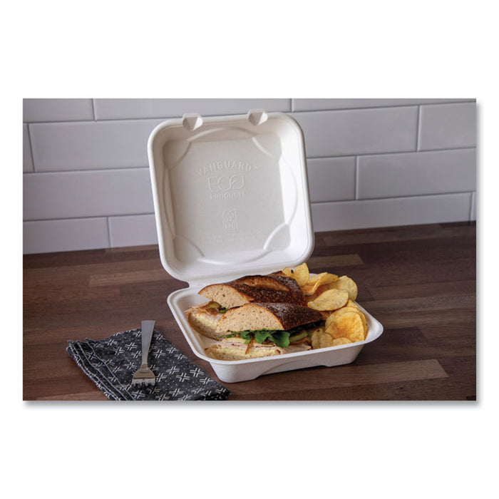 Vanguard Renewable and Compostable Sugarcane Clamshells, 8 x 8 x 3, White, 200/Carton
