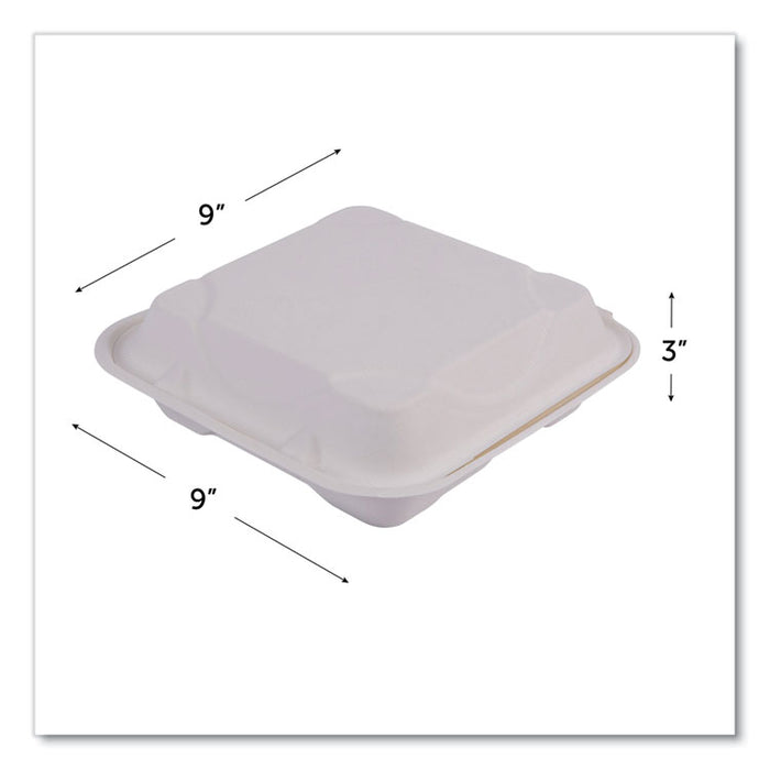 Vanguard Renewable and Compostable Sugarcane Clamshells, 3 Compartments, 9 x 9 x 3, White, 200/Carton