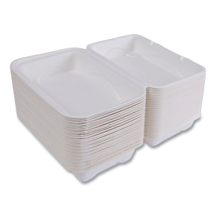Vanguard Renewable and Compostable Sugarcane Clamshells, 9 x 6 x 3, White, 250/Carton