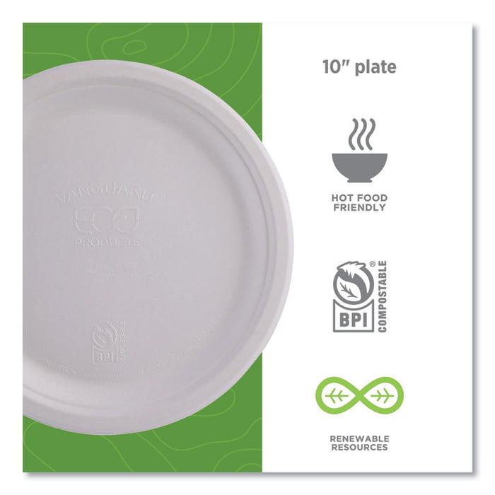 Vanguard Renewable and Compostable Sugarcane Plates, 10" dia, White, 500/Carton