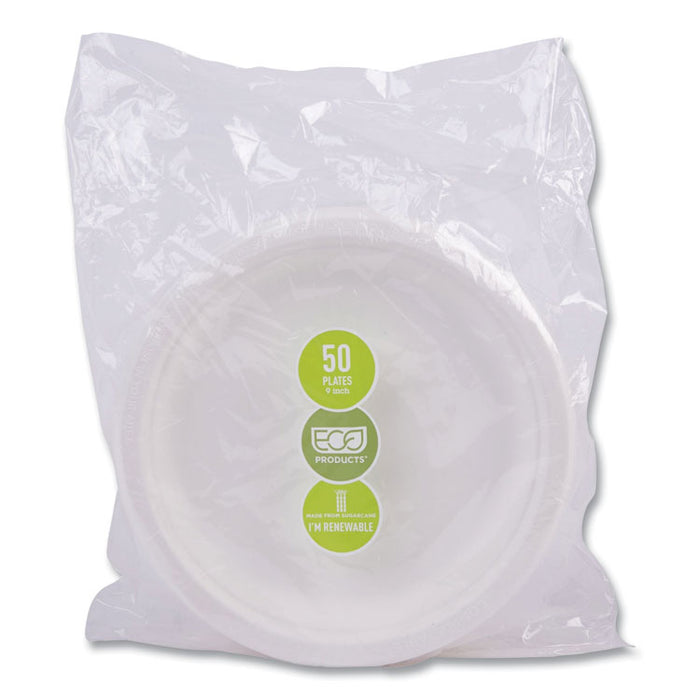 Vanguard Renewable and Compostable Sugarcane Plates, 9" dia, White, 500/Carton