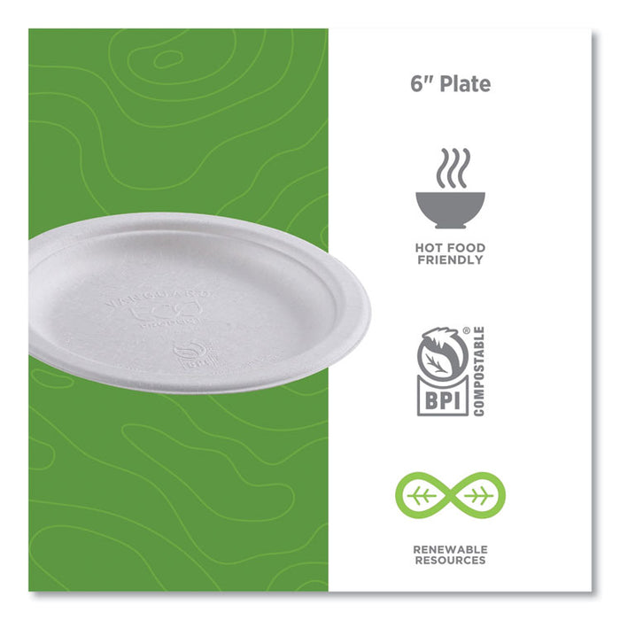 Vanguard Renewable and Compostable Sugarcane Plates, 6" dia, White, 1,000/Carton