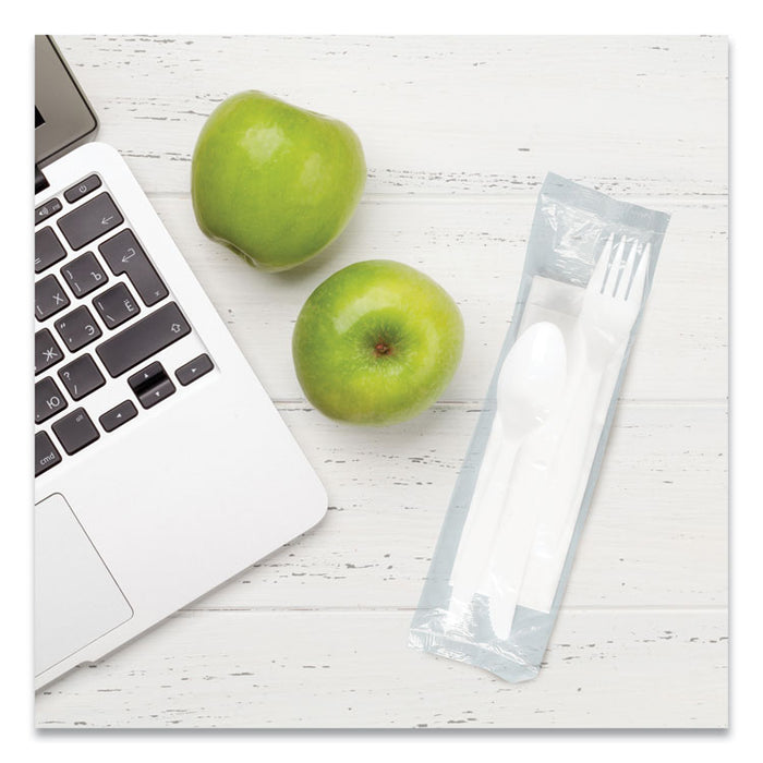Regal Mediumweight Cutlery Kit, Individually Wrapped, Fork/Knife/Napkin/Spoon, Plastic, White, 250/Carton