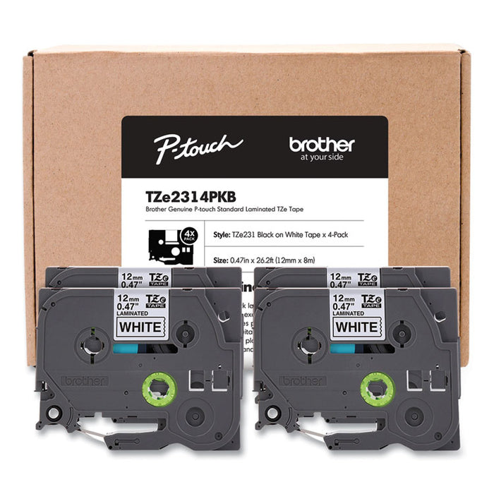 TZe Series Standard Adhesive Laminated Labeling Tape, 0.5", Black on White, 4/Pack