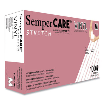Stretch Vinyl Examination Gloves, Powder-Free, Medium, 5 mil Thick, 9.45" Long, Cream, 100/Box