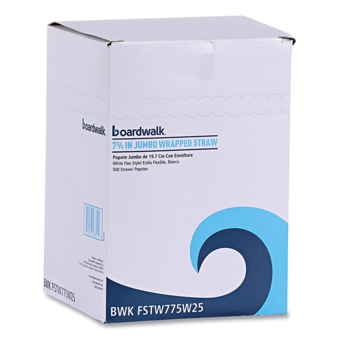 Flexible Wrapped Straws, 7.75", Plastic, White, 500/Pack, 20 Packs/Carton