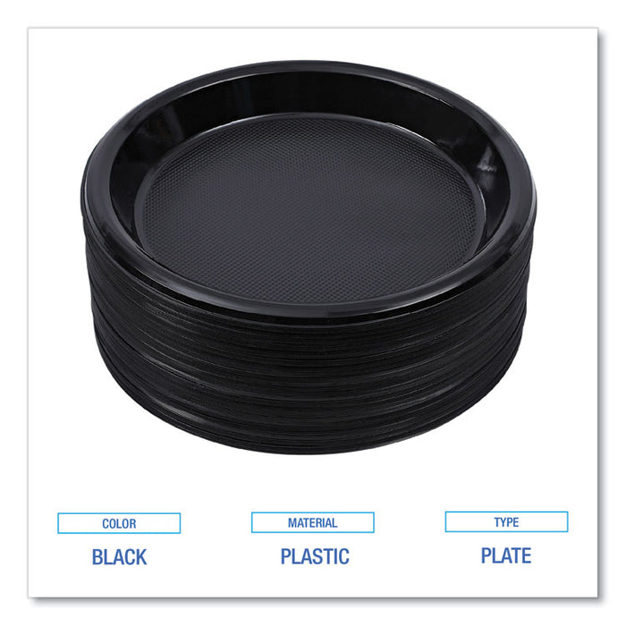Hi-Impact Plastic Dinnerware, Plate, 10" dia, Black, 125/Sleeve, 4 Sleeves/Carton