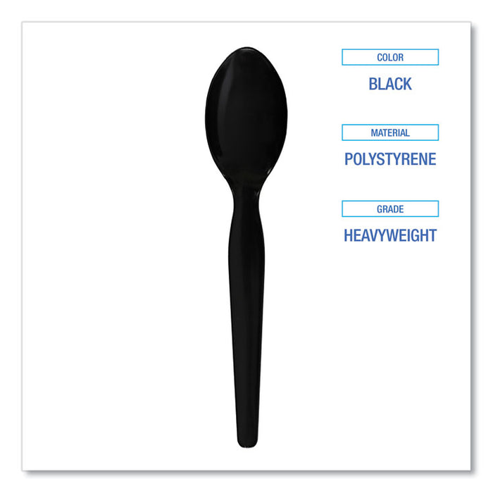 Heavyweight Polystyrene Cutlery, Spoon, Plastic, Black, 1,000/Carton