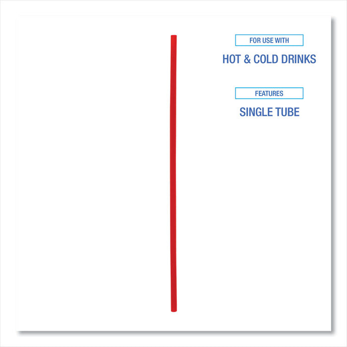 Single-Tube Stir-Straws,5.25", Polypropylene, Red, 1,000/Pack, 10 Packs/Carton