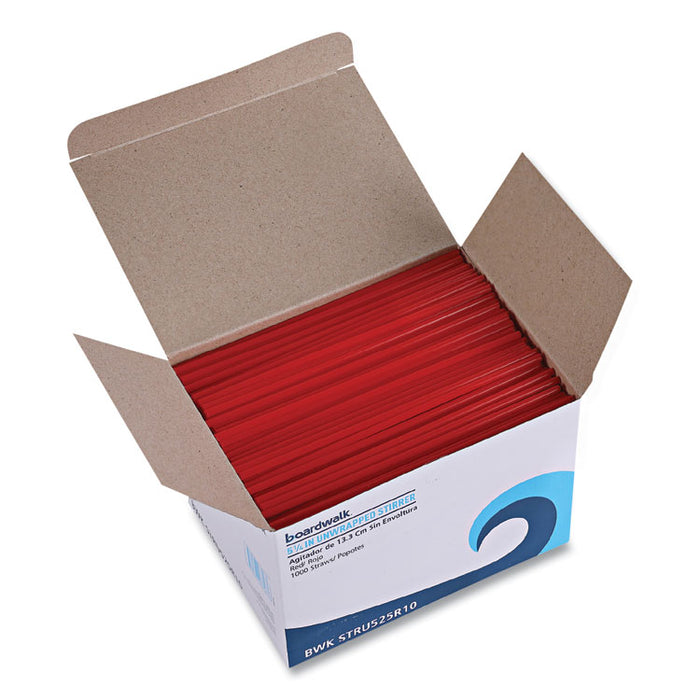 Single-Tube Stir-Straws,5.25", Polypropylene, Red, 1,000/Pack, 10 Packs/Carton