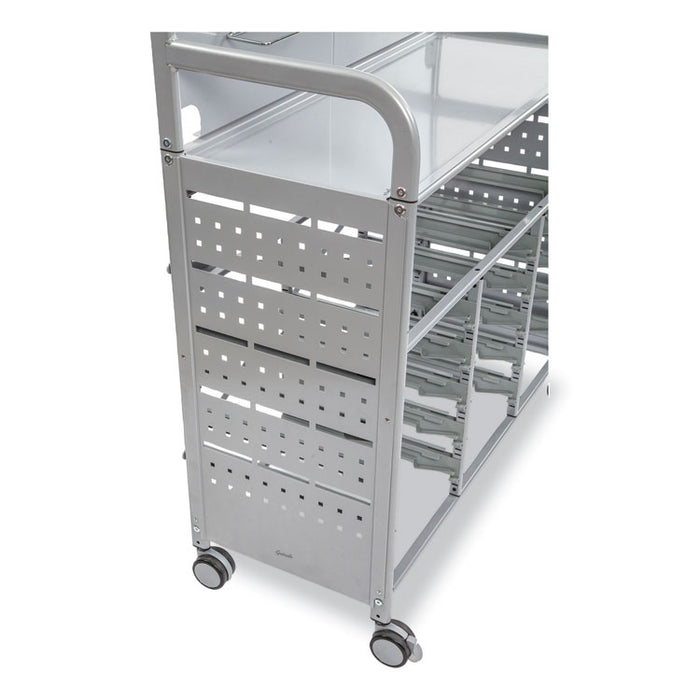 Callero MakerSpace Trolley Set 1, Metal, 1 Shelf, 12 F1 Shallow Bins, 3 F2 Deep Bins, 42.9" x 17.3" x 61.8", Silver/Flame Red