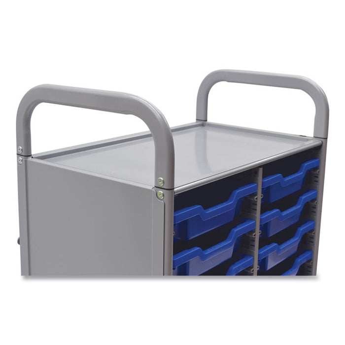Callero Plus Double Column Trolley Set 05, Metal, 1 Shelf, 16 F1 Shallow Bins, 27.4" x 17.3" x 41.5", Silver/Royal Blue