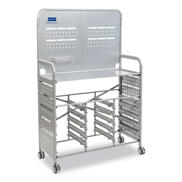 Callero MakerSpace Trolley Set 01, Metal, 1 Shelf, 12 F1 Bins, 3 F2 Bins, 42.9" x 17.3" x 61.8", Silver/Light Gray