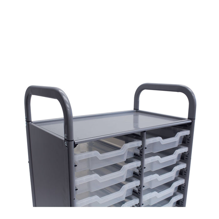 Callero Plus Double Column Trolley Set 5, Metal, 1 Shelf, 16 F1 Shallow Bins, 27.4" x 17.3" x 41.5", Silver/Translucent Frost