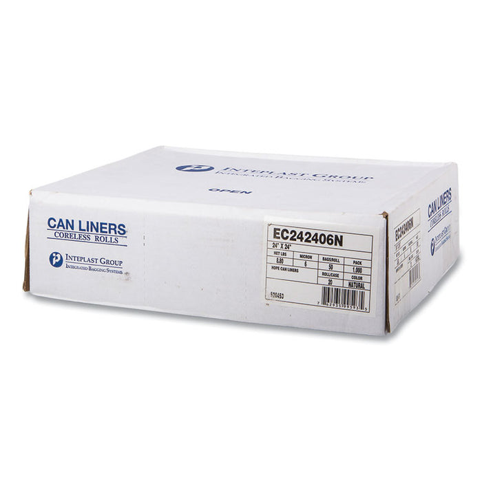 High-Density Commercial Can Liners, 10 gal, 6 mic, 24" x 24", Natural, Perforated Roll, 50 Bags/Roll, 20 Rolls/Carton