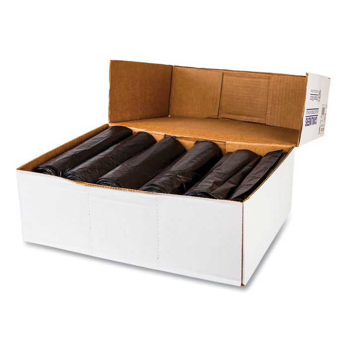 High-Density Commercial Can Liners, 10 gal, 6 mic, 24" x 24", Black, Perforated Roll, 50 Bags/Roll, 20 Rolls/Carton