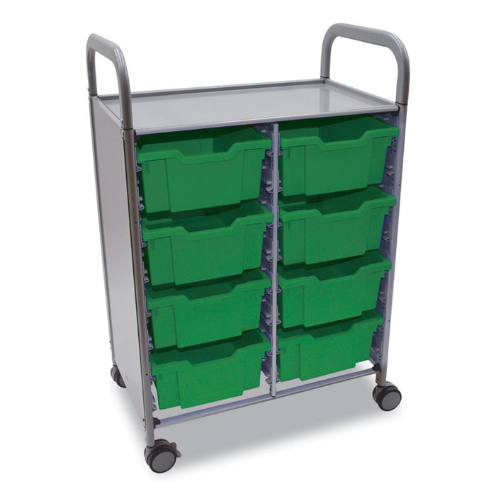 Callero Plus Double Column Trolley Set 13, Metal, 1 Shelf, 8 F2 Deep Bins, 27.4" x 17.3" x 41.5", Silver/Grass Green