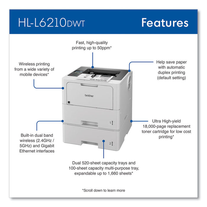 HL-L6210DWT Wireless Business Monochrome Laser Printer with Dual Paper Trays