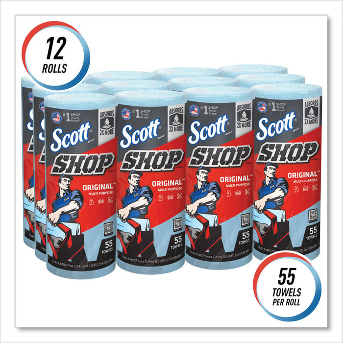 Shop Towels, Standard Roll, 1-Ply, 9.4 x 11, Blue, 55/Roll, 12 Rolls/Carton