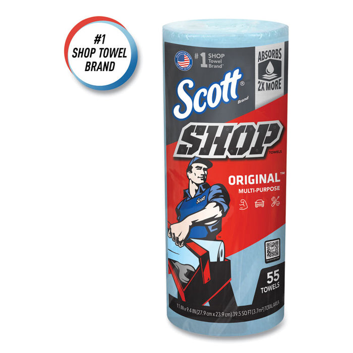 Shop Towels, Standard Roll, 1-Ply, 9.4 x 11, Blue, 55/Roll, 12 Rolls/Carton