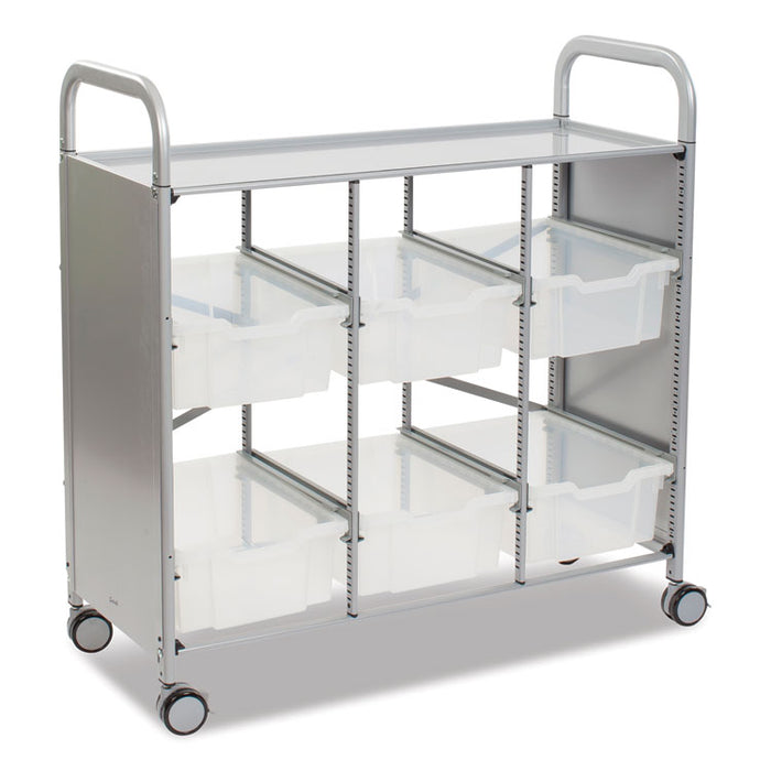 Callero Plus Treble Column Trolley Set 16, Metal, 1 Shelf, 6 F2 Deep Bins, 40.6" x 17.3" x 41.5", Silver/Translucent Frost