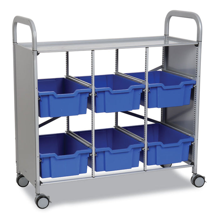 Callero Plus Treble Column Trolley Set 16, Metal, 1 Shelf, 6 F2 Deep Bins, 40.6" x 17.3" x 41.5", Silver/Royal Blue