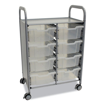Callero Plus Double Column Trolley Set 13, Metal, 1 Shelf, 8 F2 Deep Bins, 27.4" x 17.3" x 41.5", Silver/Translucent Frost
