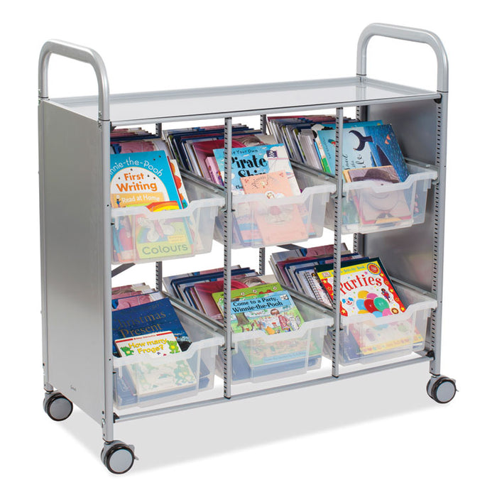 Callero Plus Treble Column Trolley Set 16, Metal, 1 Shelf, 6 F2 Deep Bins, 40.6" x 17.3" x 41.5", Silver/Translucent Frost