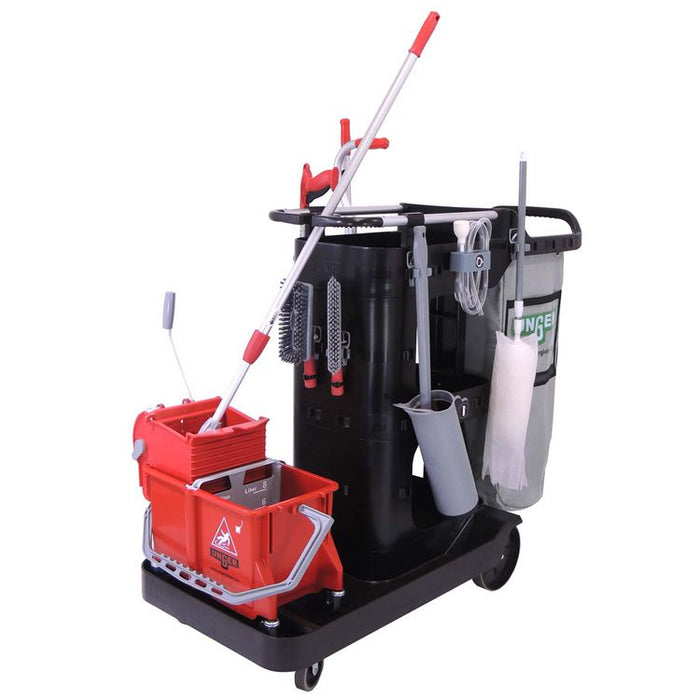 RestroomRx Janitorial Carts with 16 Qt Bucket, Plastic, 2 Shelves, 23.5 x 19 x 25, Black