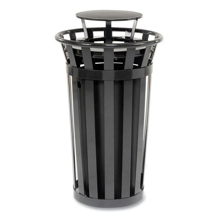 Outdoor Slatted Steel Trash Can, Rain Bonnet Lid, 24 gal, Black