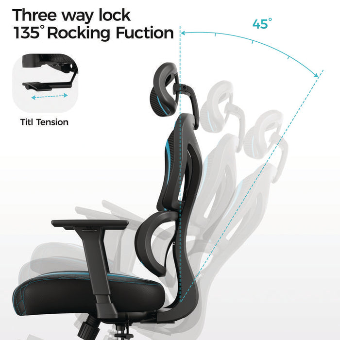 Norn Ergonomic Chair, Supports Up to 275 lb, 18.11" to 22.04" Seat Height, Black/Blue Mesh Seat/Back, Black Base